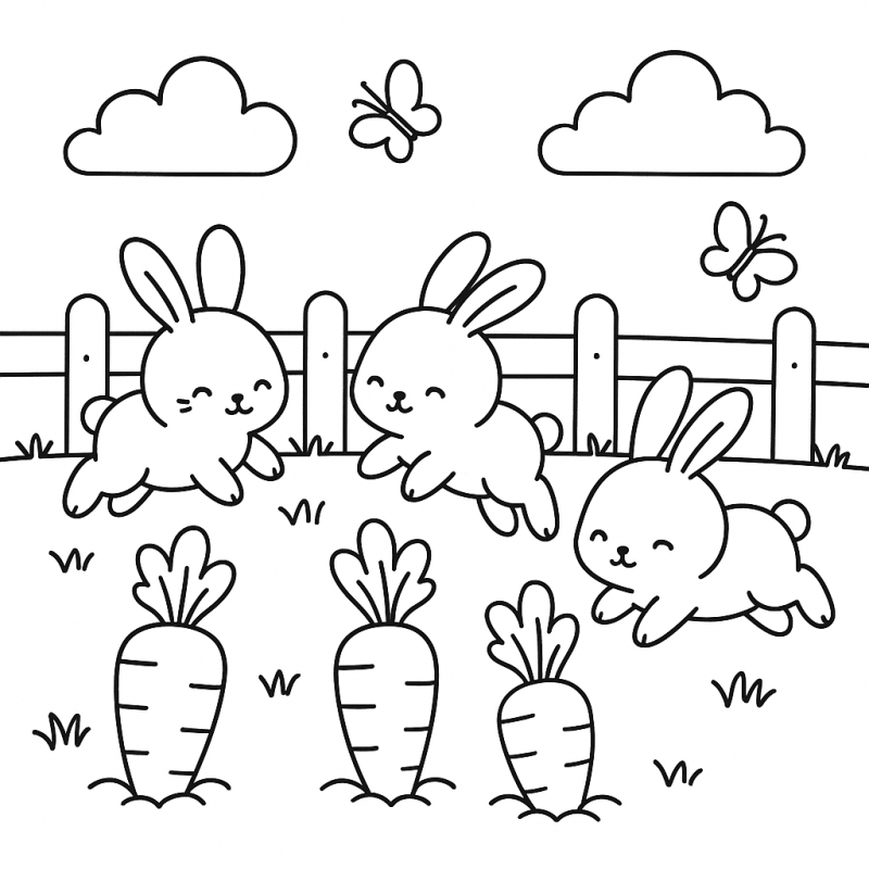 Desenho de Coelhinhos Felizes na Fazenda