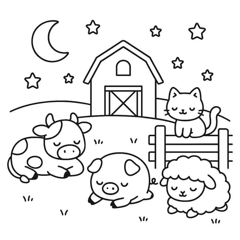 Desenho de Fazendinha à Noite para Colorir