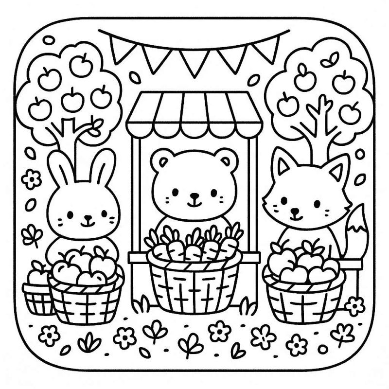 Desenho para Colorir: Feira com Coelho, Urso e Raposa Cenário de feira com coelho, urso e raposa para colorir