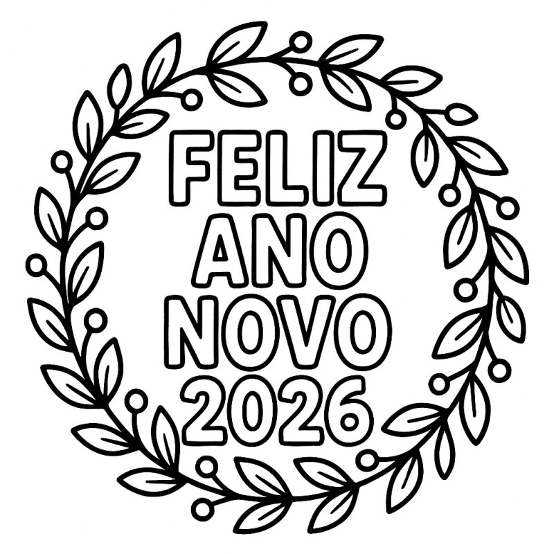 Feliz Ano Novo 2026: Coroa de Folhas para Colorir