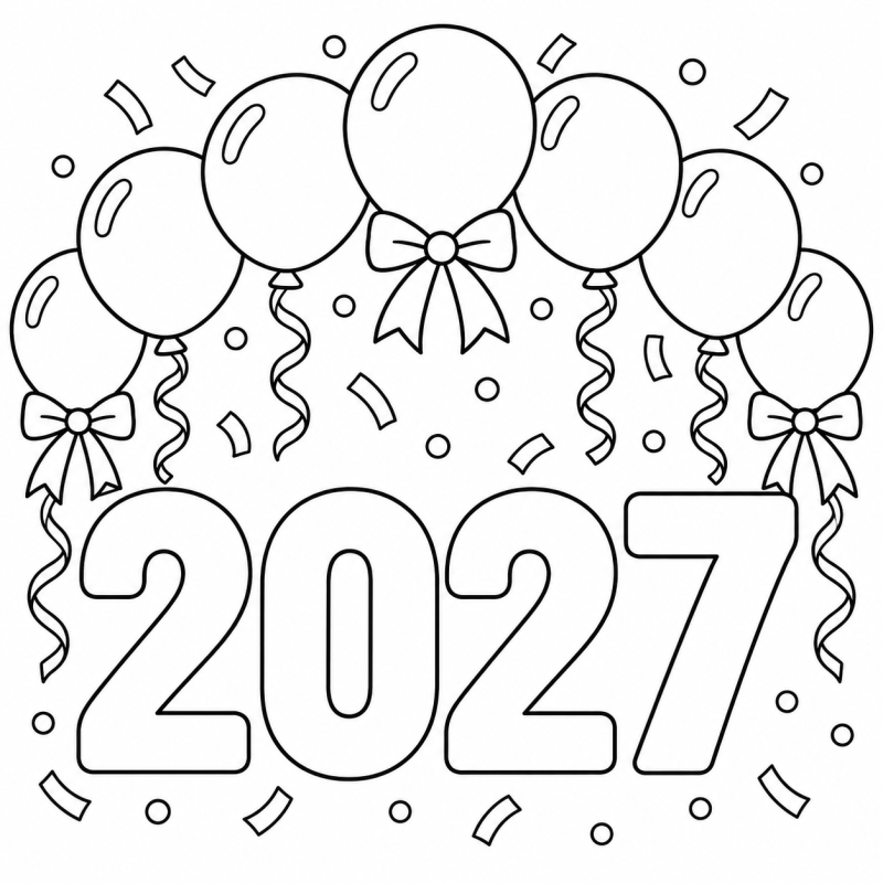 2027 com Arco de Balões em desenho de contorno para colorir