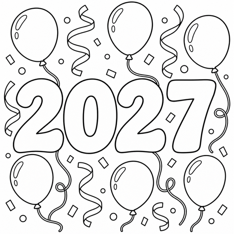 2027 com Balões em desenho de contorno para colorir