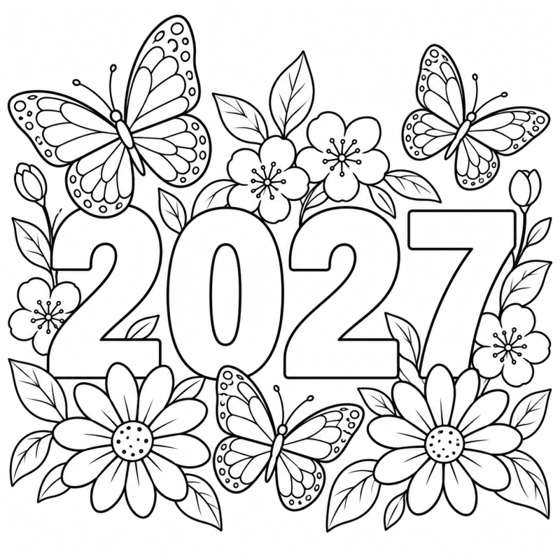 2027 com Borboletas em desenho de contorno para colorir