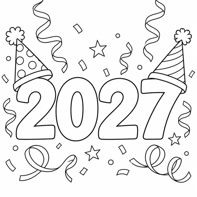 2027 com Chapéus de Festa em desenho de contorno para colorir