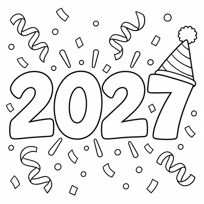 2027 com Confetes em desenho de contorno para colorir