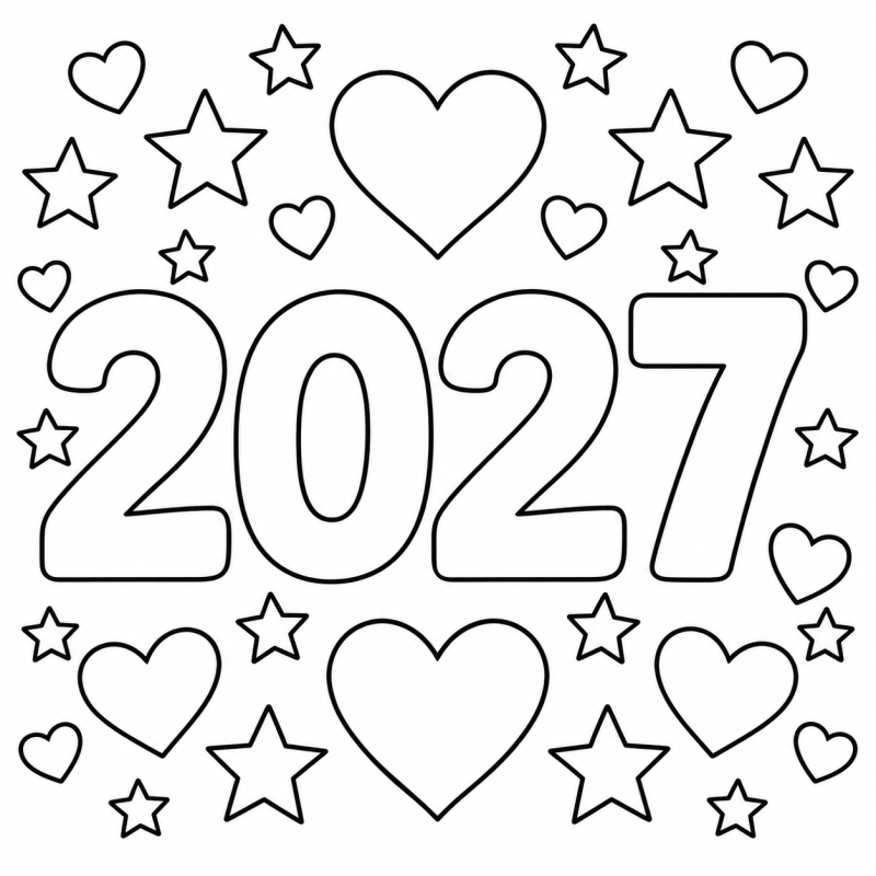 2027 com Corações e Estrelas em desenho de contorno para colorir