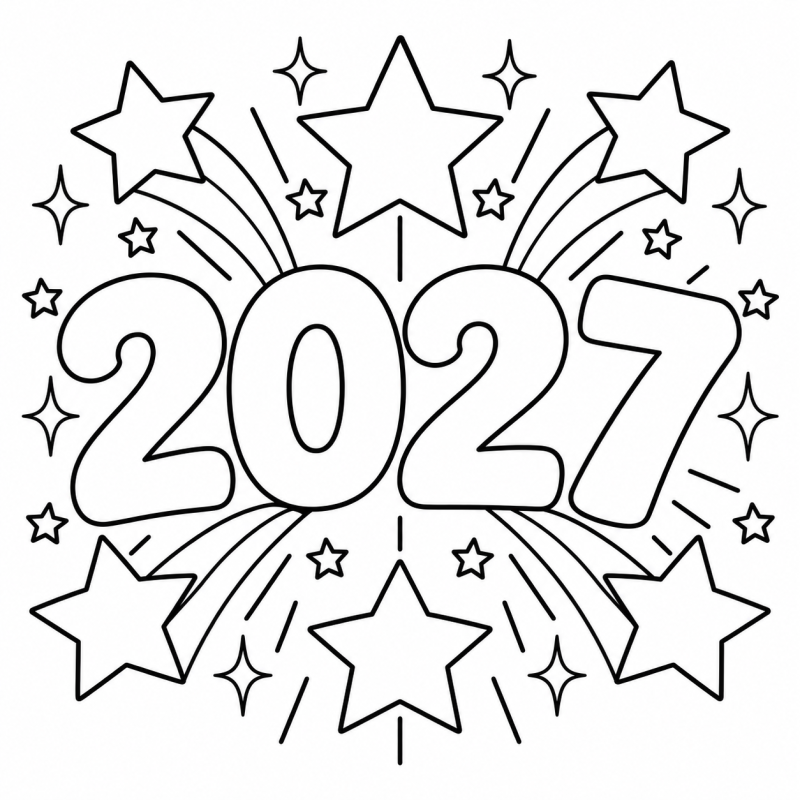 2027 com Estrelas em desenho de contorno para colorir