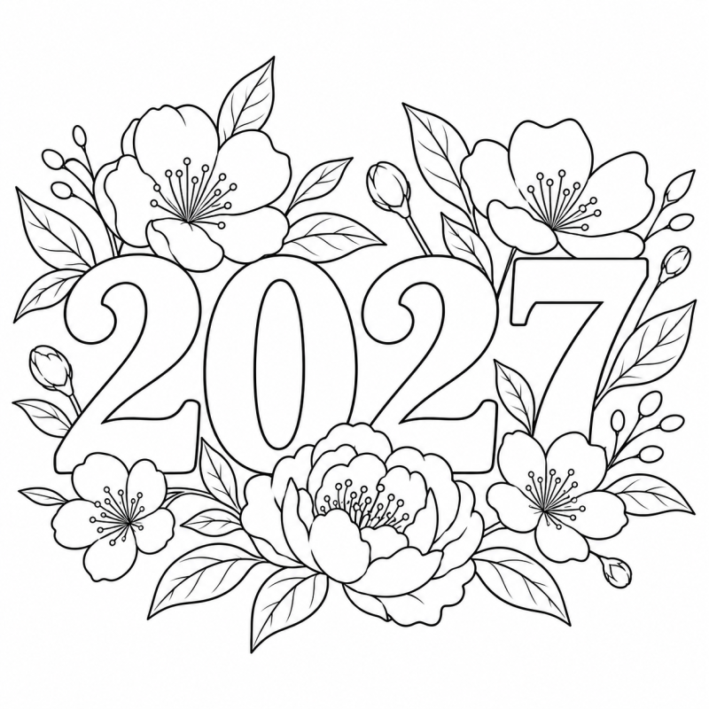 2027 com Flores em desenho de contorno para colorir