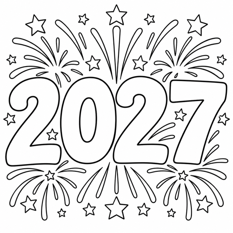 2027 com Fogos de Artifício em desenho de contorno para colorir
