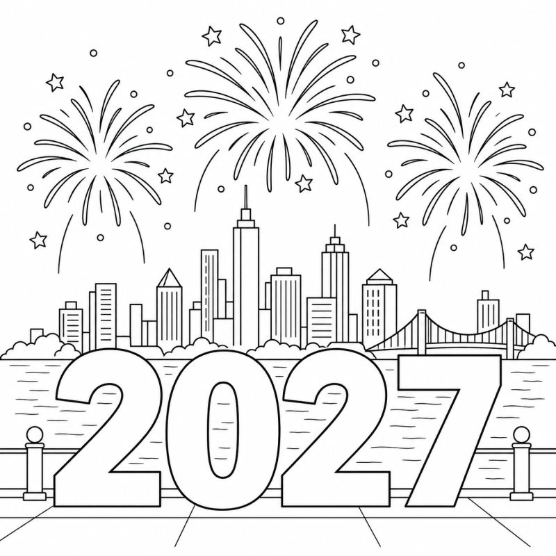 2027 com Fogos sobre a Cidade em desenho de contorno para colorir
