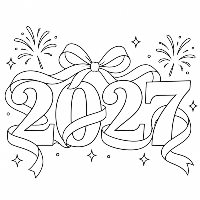 2027 com Laços e Fitas em desenho de contorno para colorir