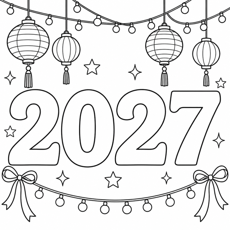 2027 com Lanternas de Festa em desenho de contorno para colorir