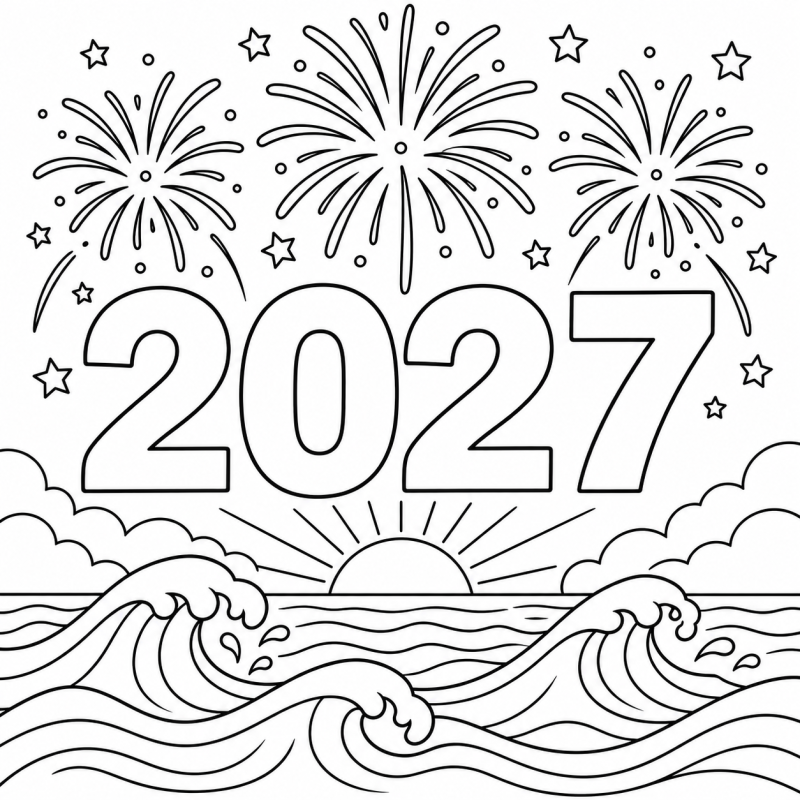 2027 com Ondas e Fogos em desenho de contorno para colorir