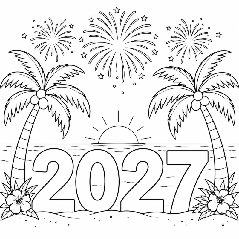 2027 com Palmeiras em desenho de contorno para colorir