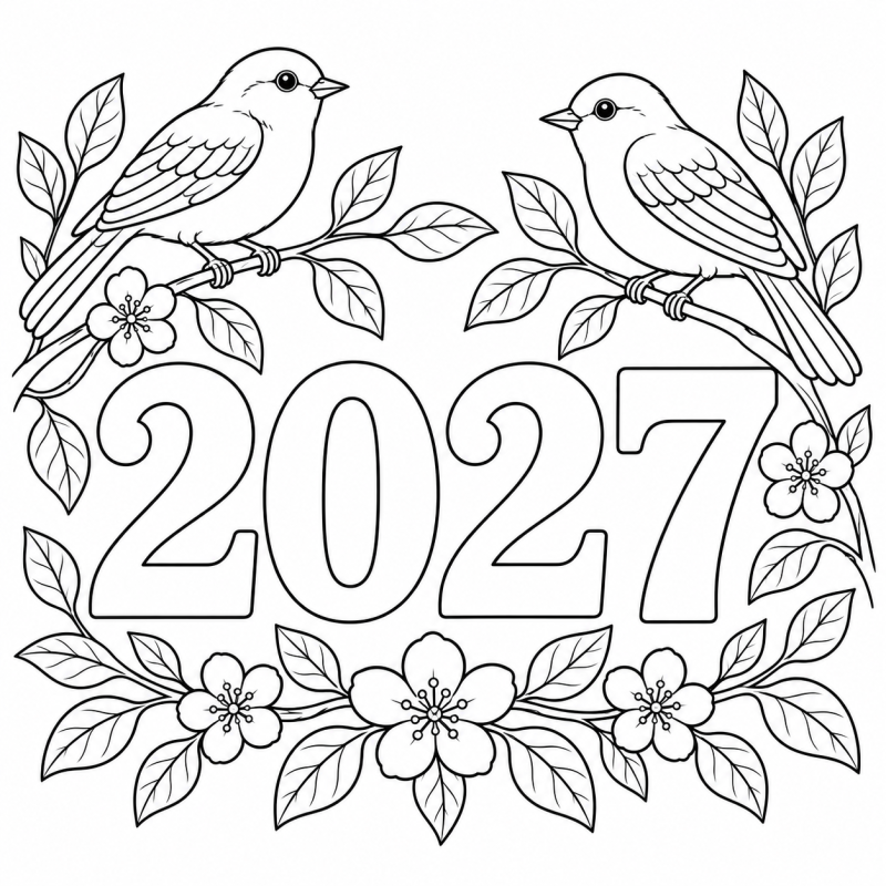 2027 com Pássaros e Ramos em desenho de contorno para colorir