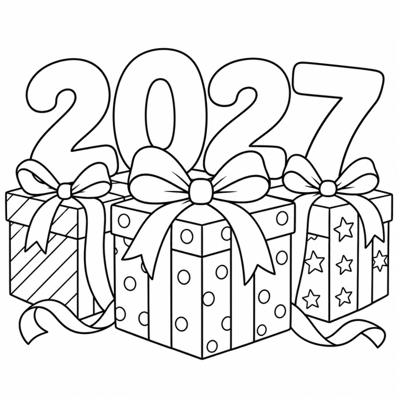 2027 com Presentes em desenho de contorno para colorir