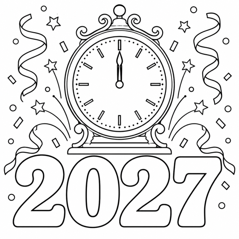 2027 e Relógio da Meia-Noite em desenho de contorno para colorir