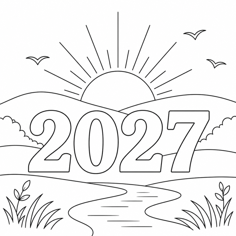 2027 com Nascer do Sol em desenho de contorno para colorir