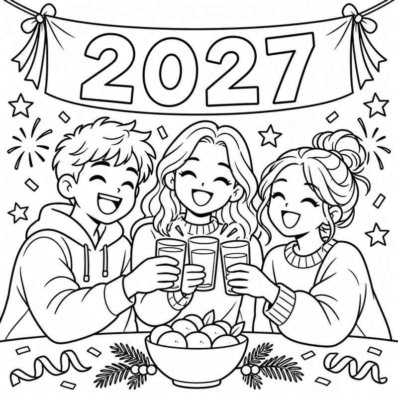 Amigos Brindando a 2027 em desenho de contorno para colorir