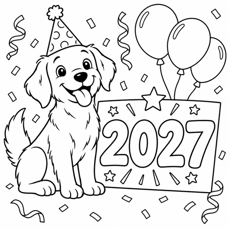 Cachorro na Festa de 2027 em desenho de contorno para colorir