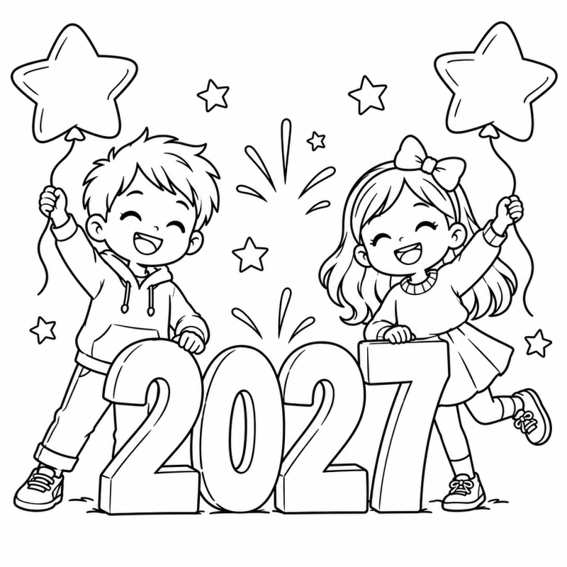 Crianças Comemorando 2027 em desenho de contorno para colorir