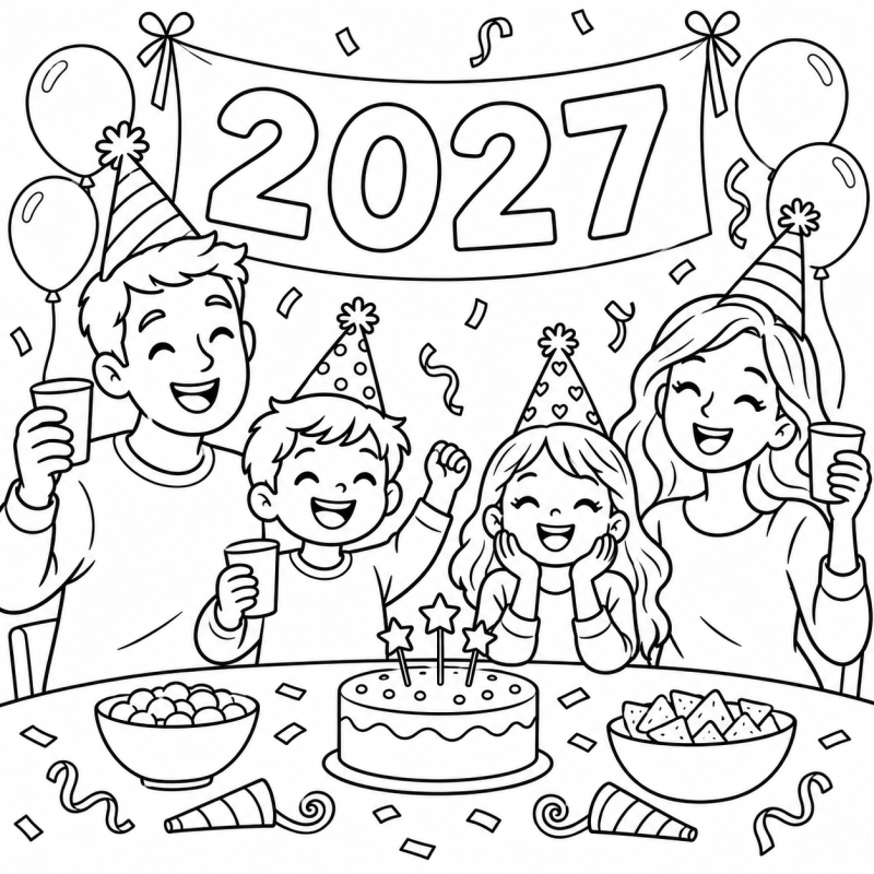 Família Comemorando 2027 em desenho de contorno para colorir
