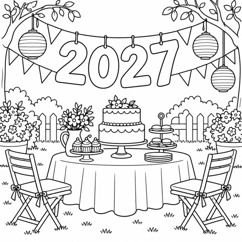 Festa de 2027 no Jardim em desenho de contorno para colorir