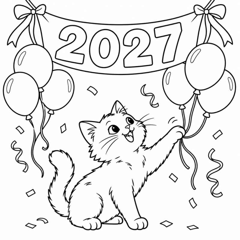 Gato com Balões de 2027 em desenho de contorno para colorir