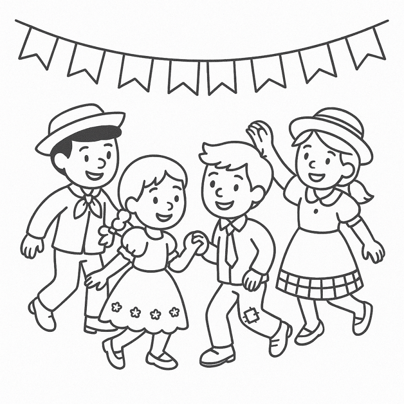 Crianças dançando quadrilha em festa junina para colorir.