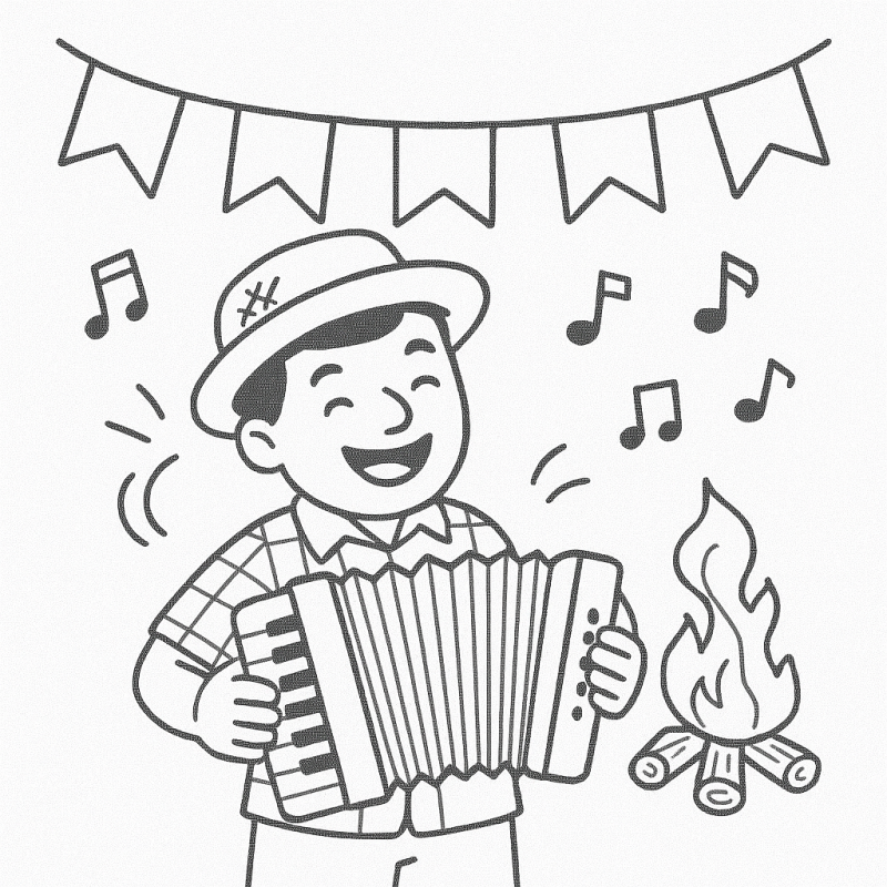 Desenho de um sanfoneiro sorridente em uma festa junina com fogueira e bandeirinhas