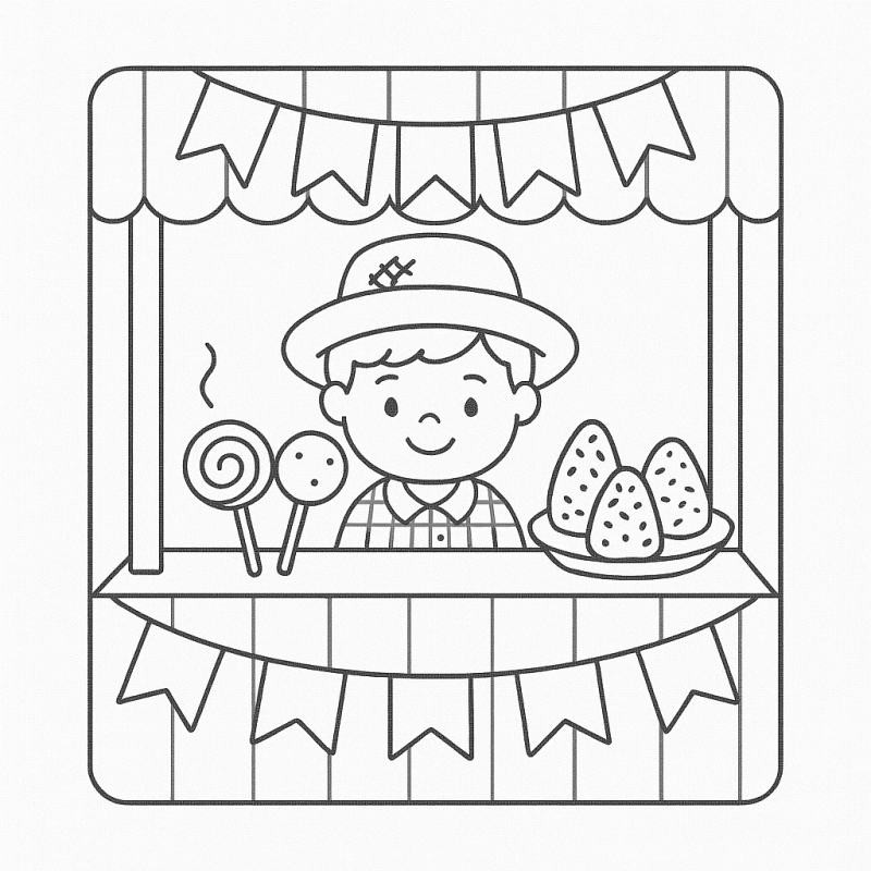 Desenho de uma barraca decorada para festa junina com personagem infantil sorridente