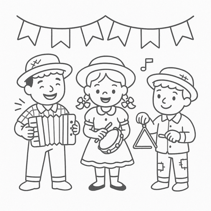 Desenho de três crianças tocando instrumentos em uma festa junina.