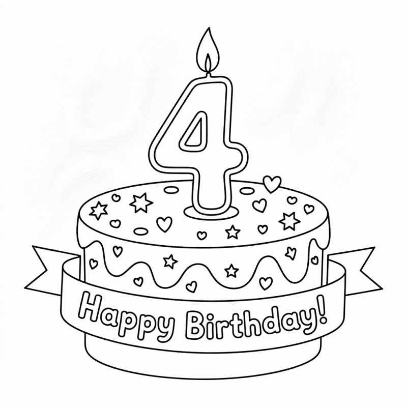 Desenho de Bolo de Aniversário com Vela Número 4 para Colorir