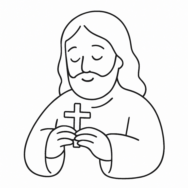 Desenho de Jesus segurando uma cruz em ato de oração para colorir