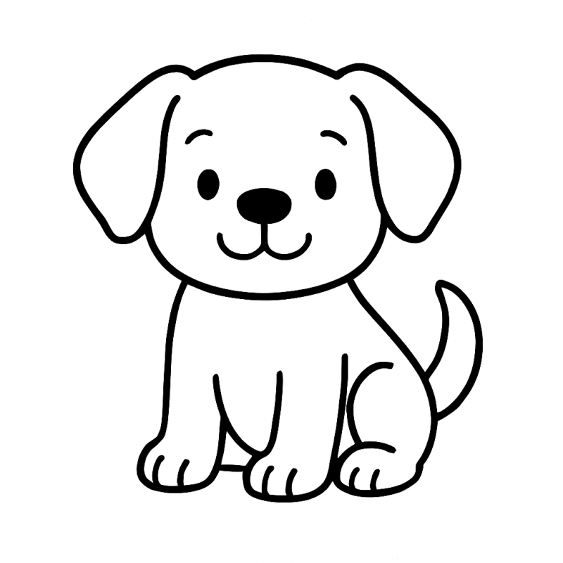 Desenho de um filhote de cachorro adorável sentado, ideal para crianças pequenas colorirem.