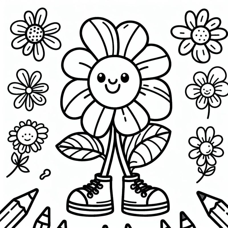 Desenho para colorir de uma flor sorridente com pernas humanas e várias flores pequenas ao redor