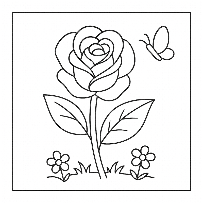Desenho de uma rosa com borboleta e pequenas flores para colorir.