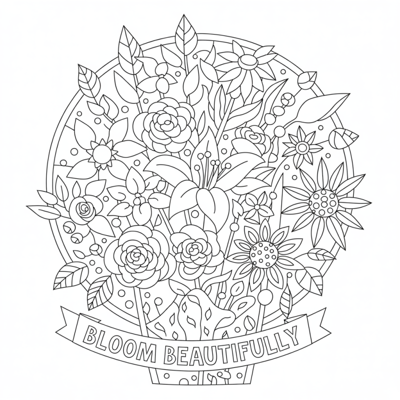 Desenho detalhado de flores em design circular para colorir
