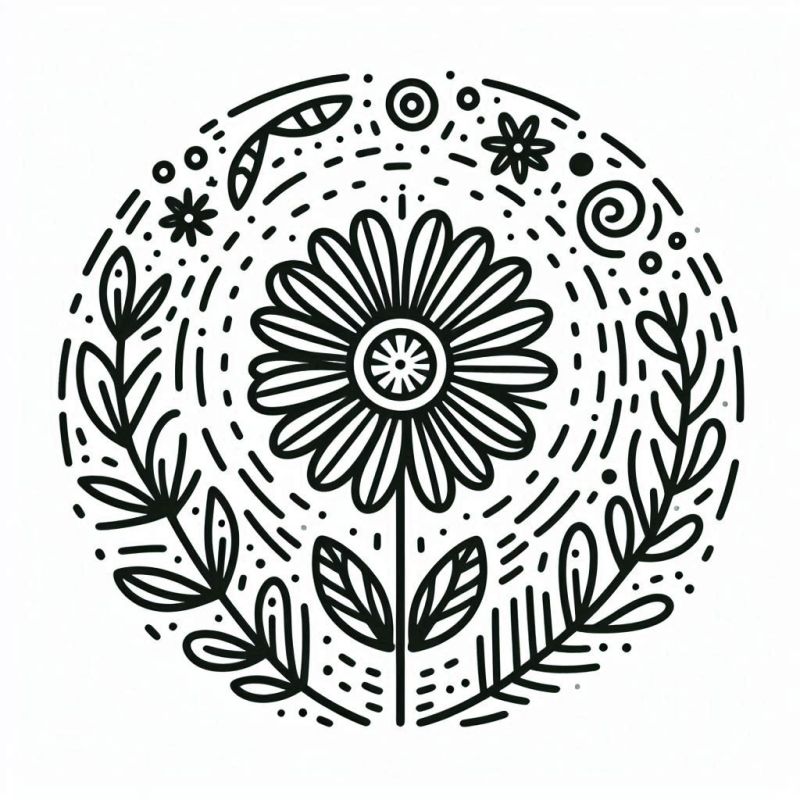 Desenho estilizado de uma flor dentro de um círculo para colorir
