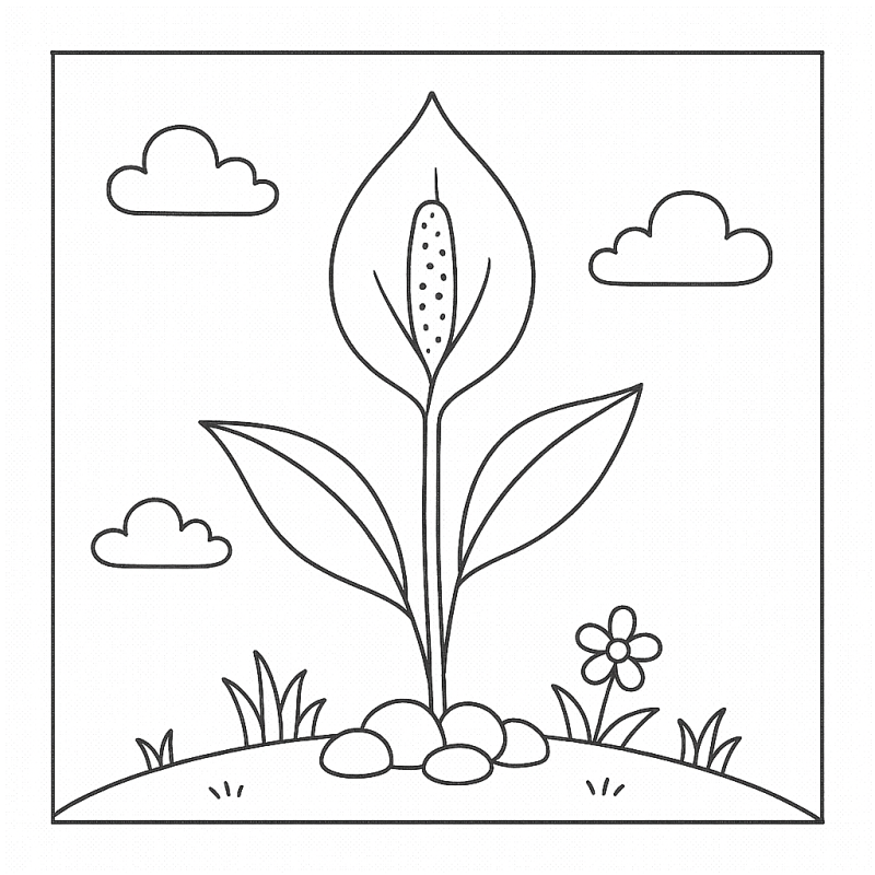 Desenho de flor copo-de-leite com nuvens para colorir