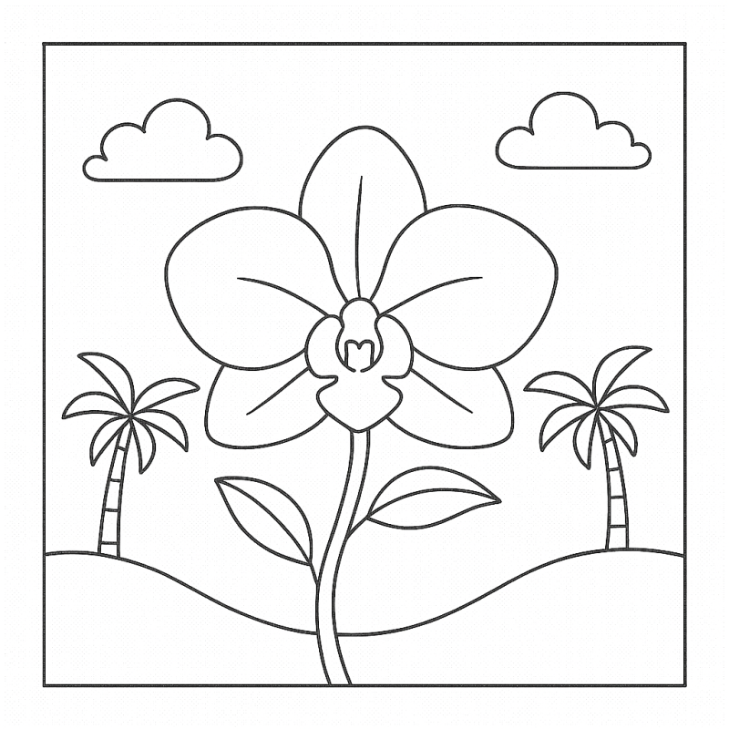Desenho de orquídea com palmeiras para colorir