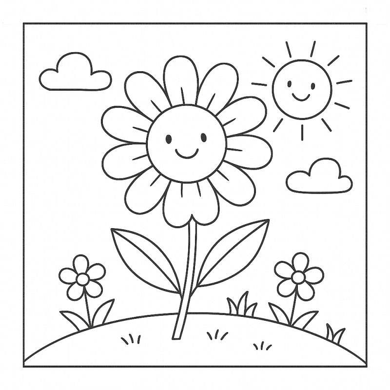 Desenho de cenário natural com flor sorridente para colorir