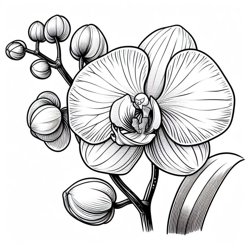 Ilustração detalhada de orquídea realista para colorir