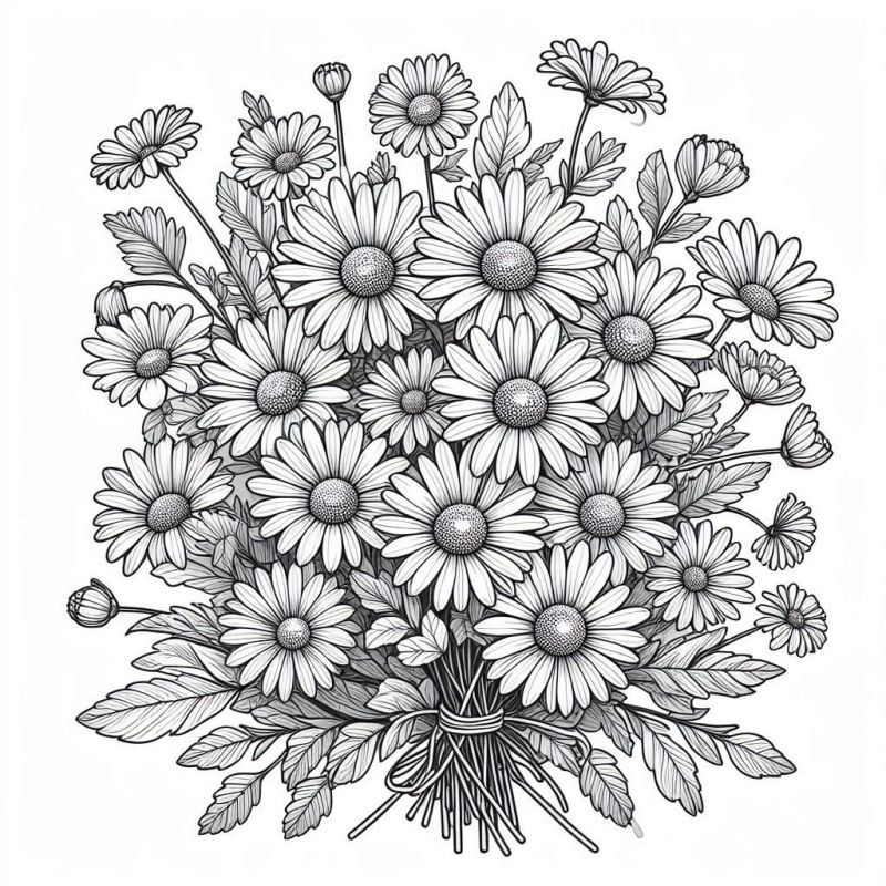 Desenho detalhado de um buquê de margaridas realistas para colorir