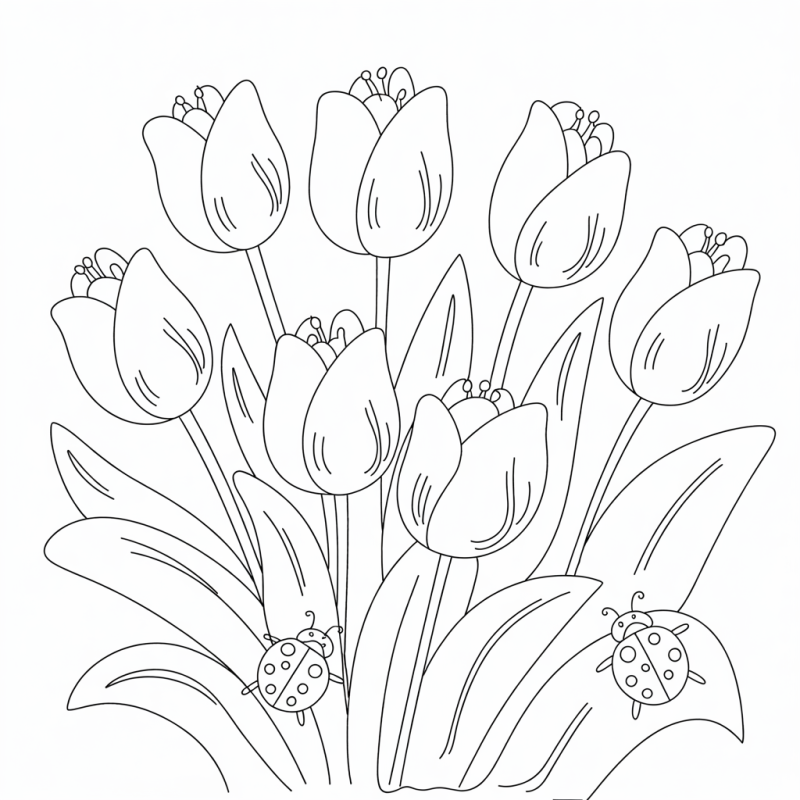 Colorir Buquê de Tulipas e Joaninhas