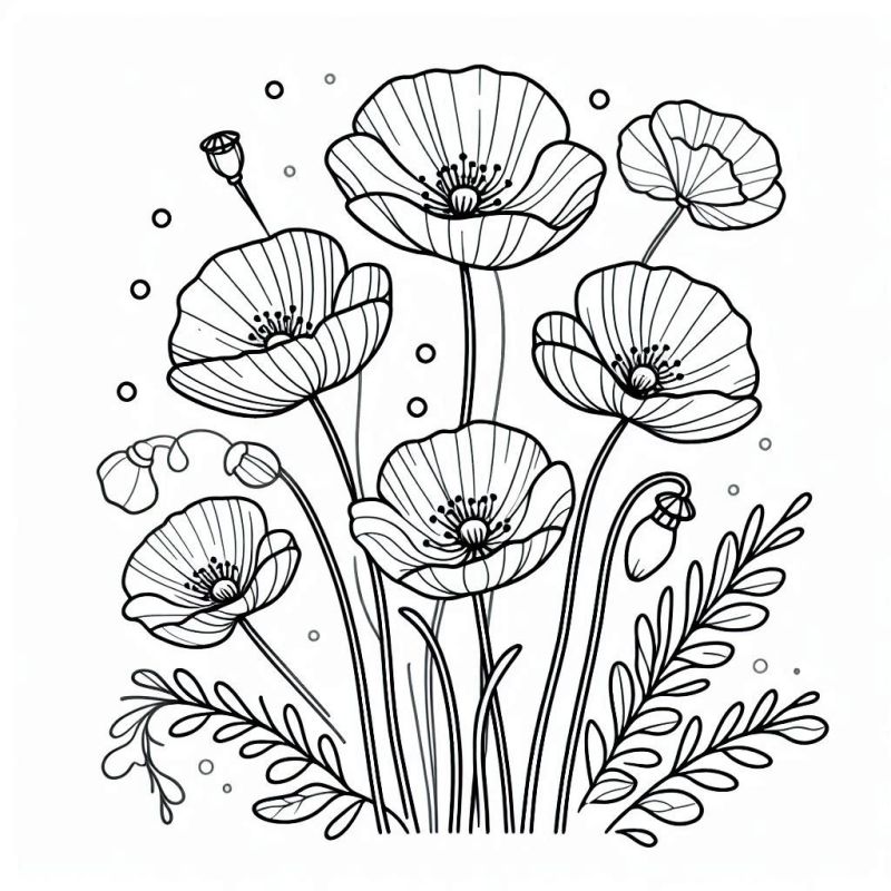 Conjunto detalhado de flores papoulas para colorir, com seis flores e um botão.