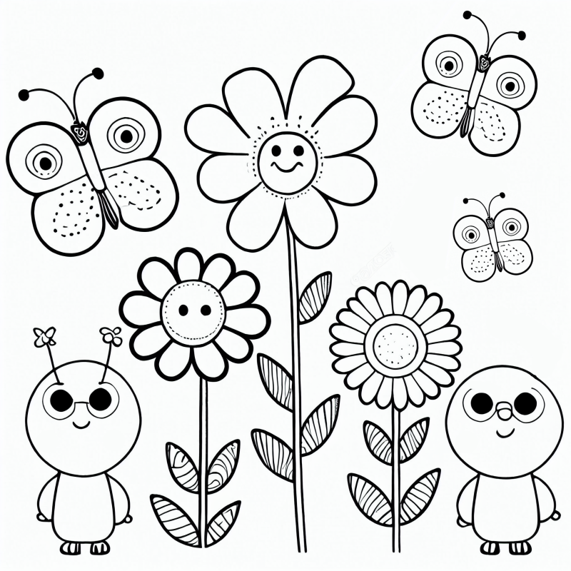 Desenho para colorir de jardim de flores com borboletas e lagartas