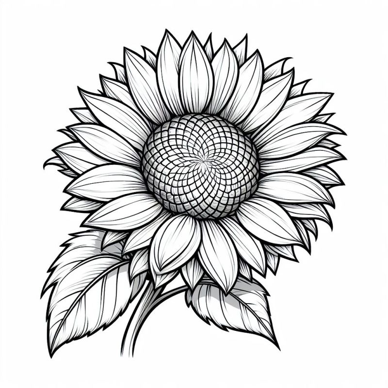 Desenho detalhado de girassol para colorir, mostrando pétalas longas e texturizadas e um centro com padrões de sementes