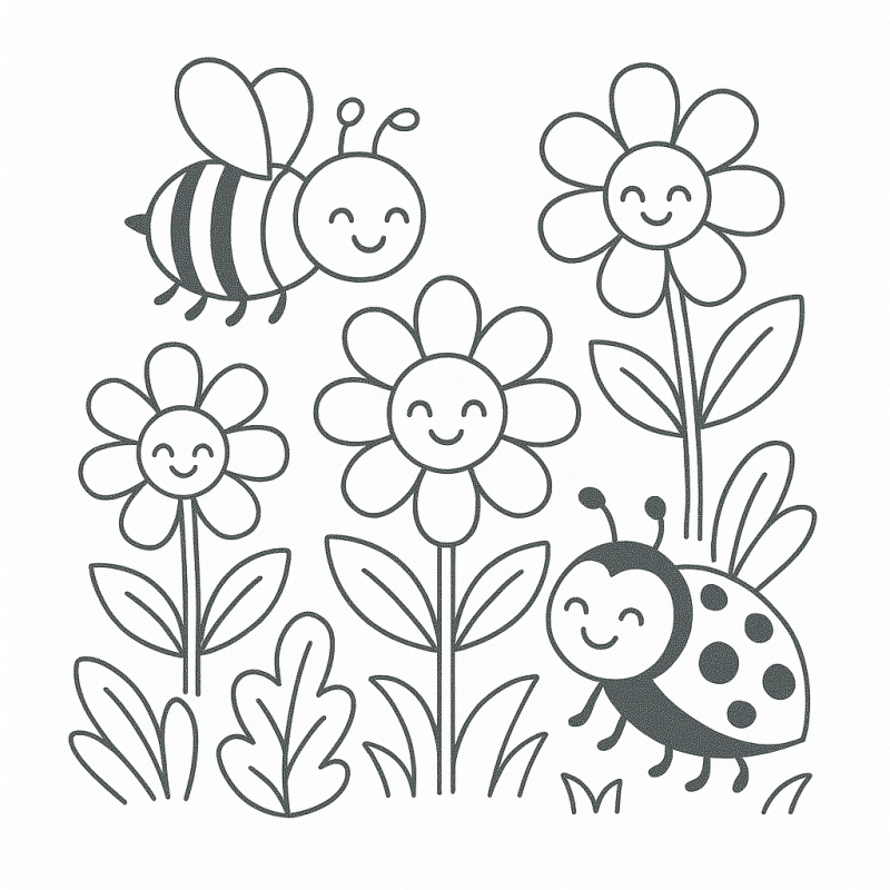 Desenho de três flores com rostos sorridentes, abelha e joaninha felizes, perfeito para colorir