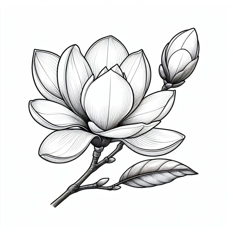 Desenho de flor de magnólia realista para colorir